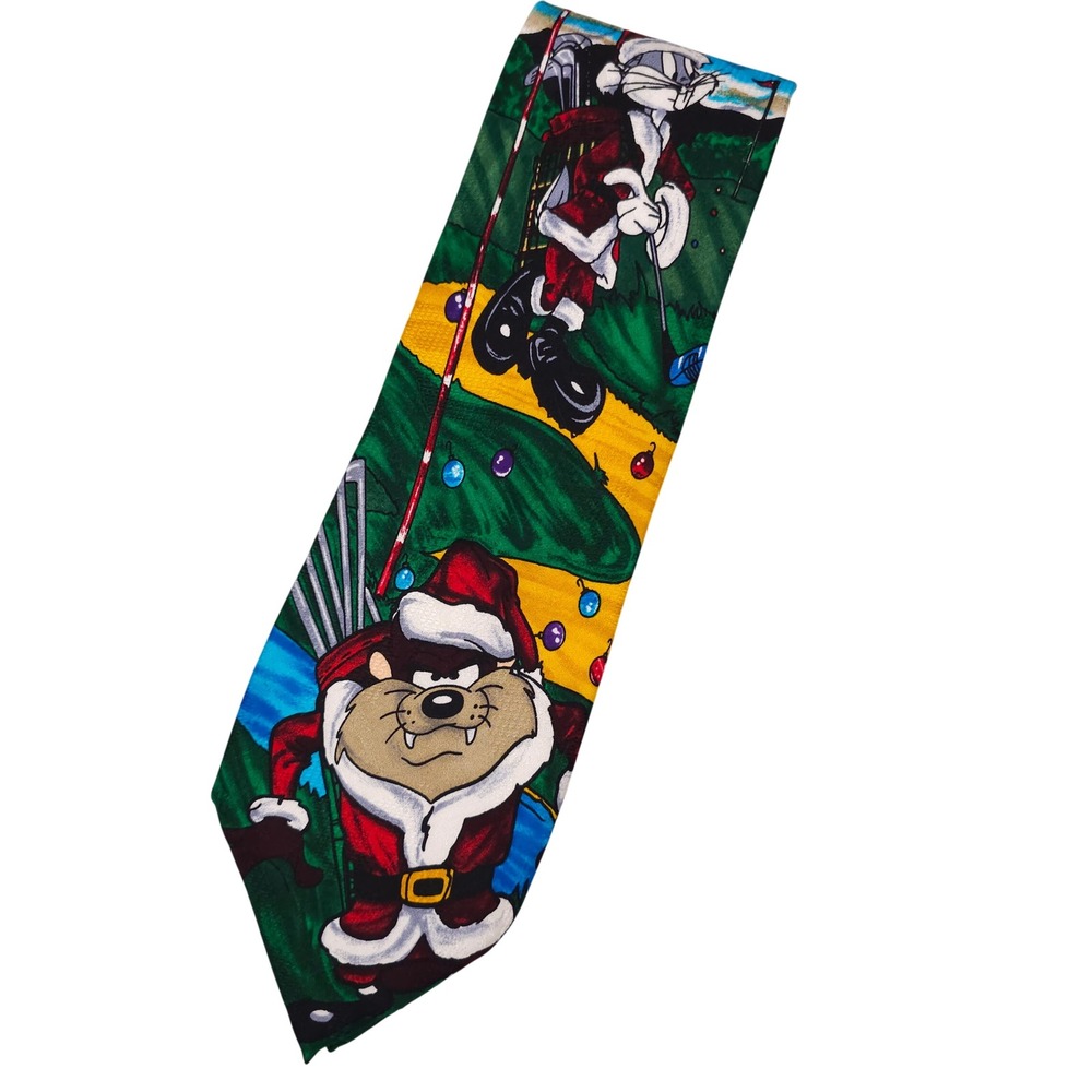 Vintage 90s Looney Tunes Mania Neck Tie Black Christmas Taz Bugs Golf 57.5" X 4"